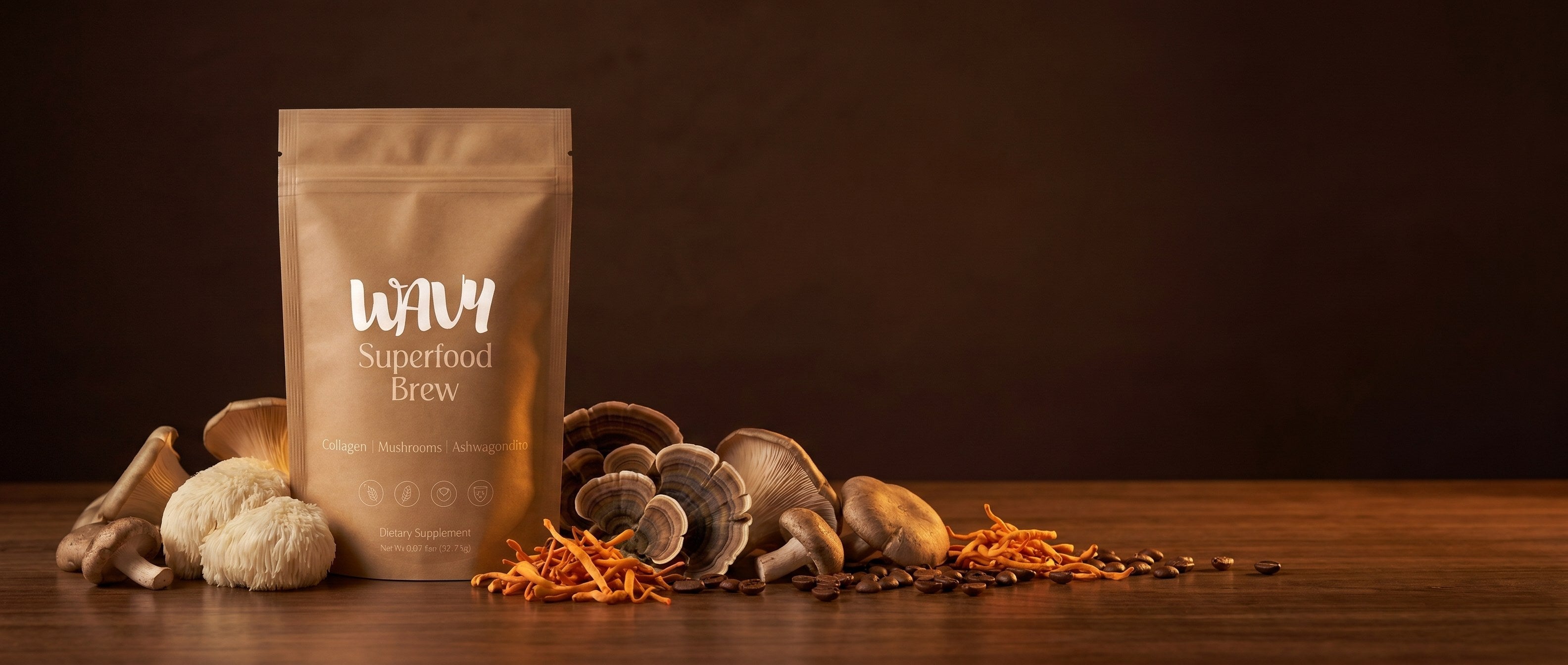Superfood Brew surrounded by real lion's mane, turkey tail, cordyceps and shiitake mushrooms